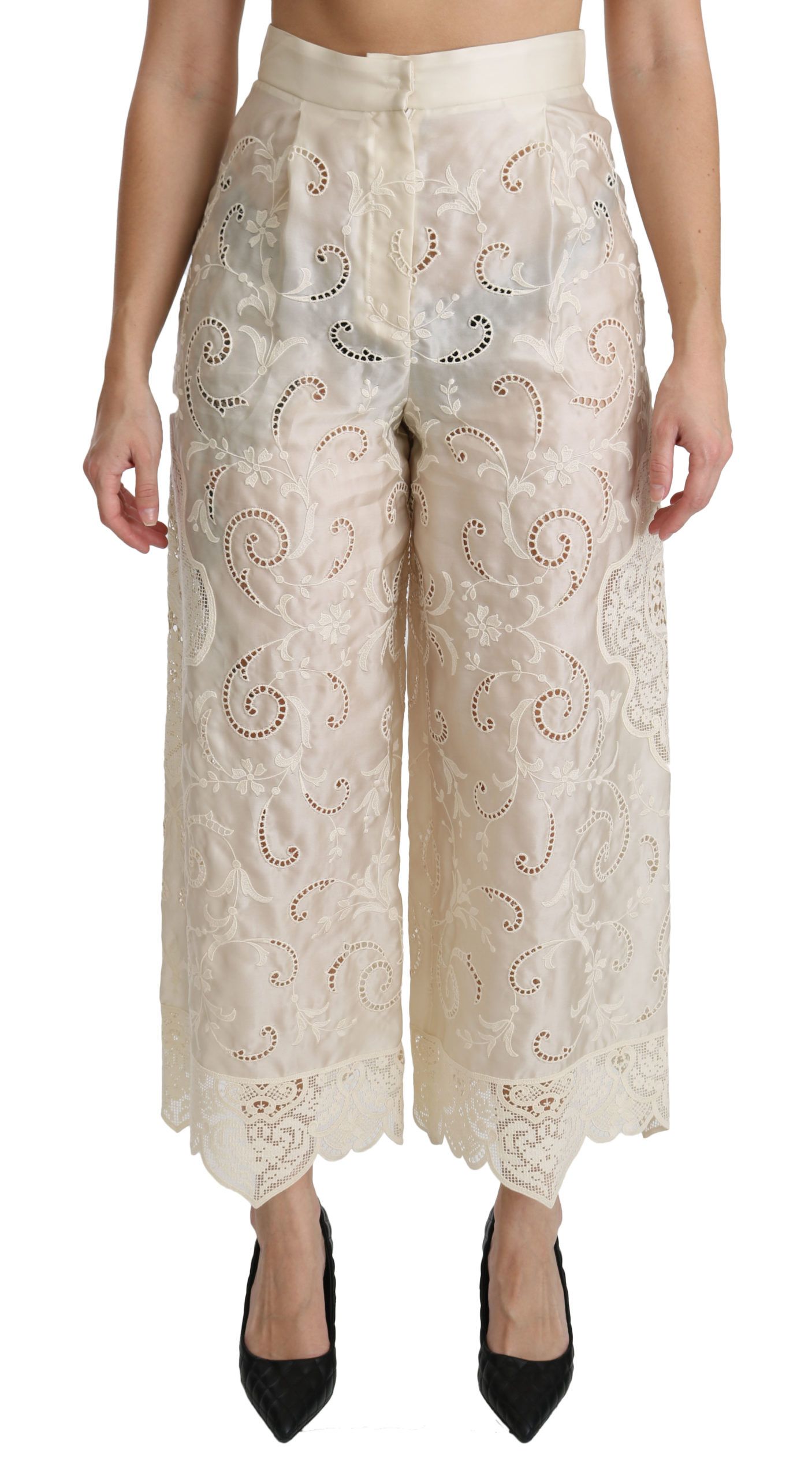 Dolce & Gabbana Cream Lace High Waist Palazzo Cropped Pants IT44